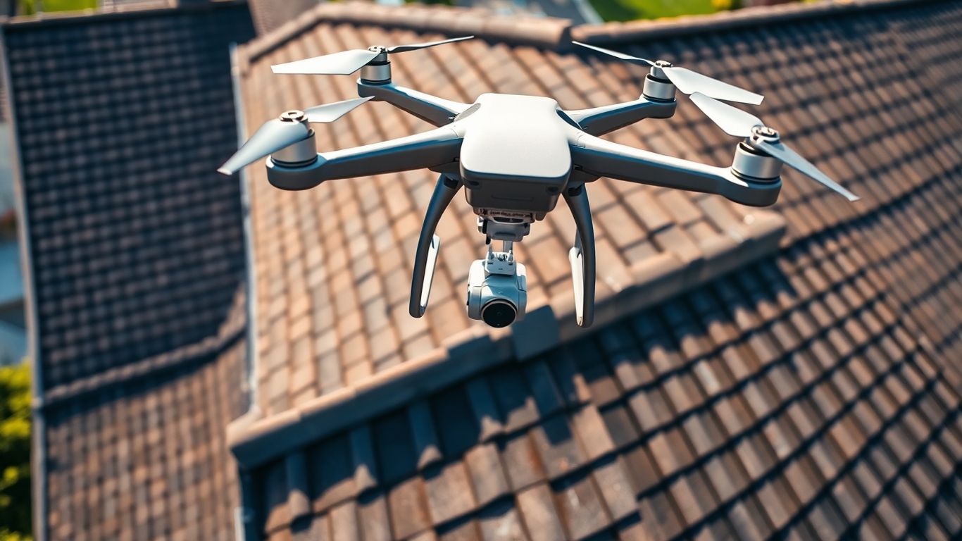 Drone inspecting a residential roof from above.