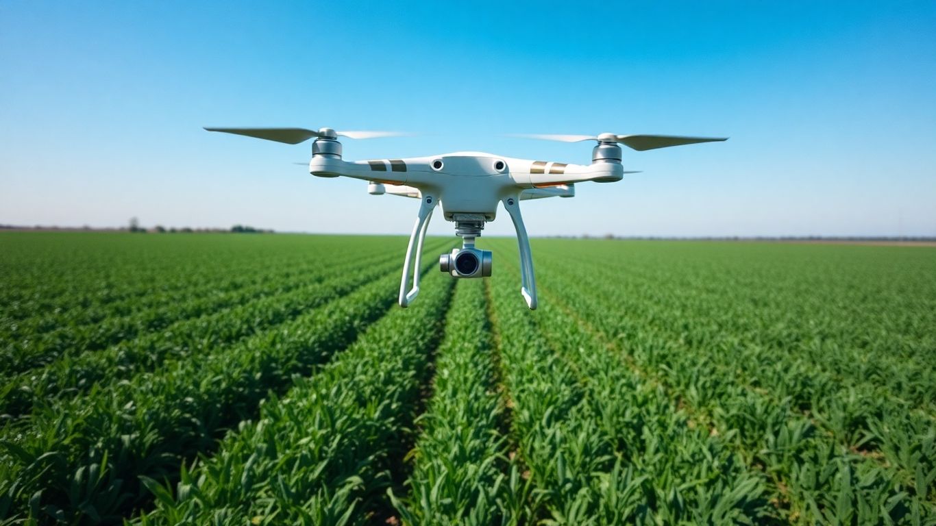 Drone flying over a green crop field.