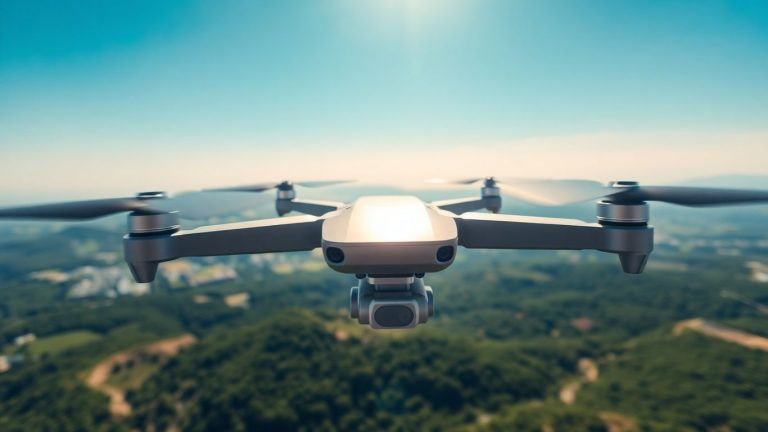 Drone flying over a scenic landscape.
