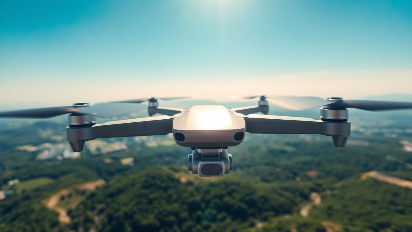 Drone flying over a scenic landscape.