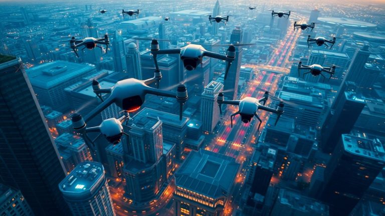 Drones flying over a futuristic city at sunset.