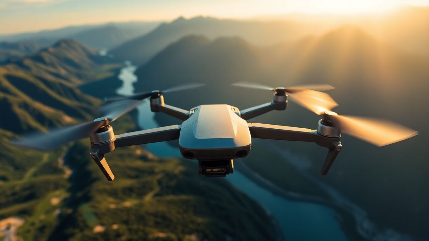 Drone flying over mountains and river
