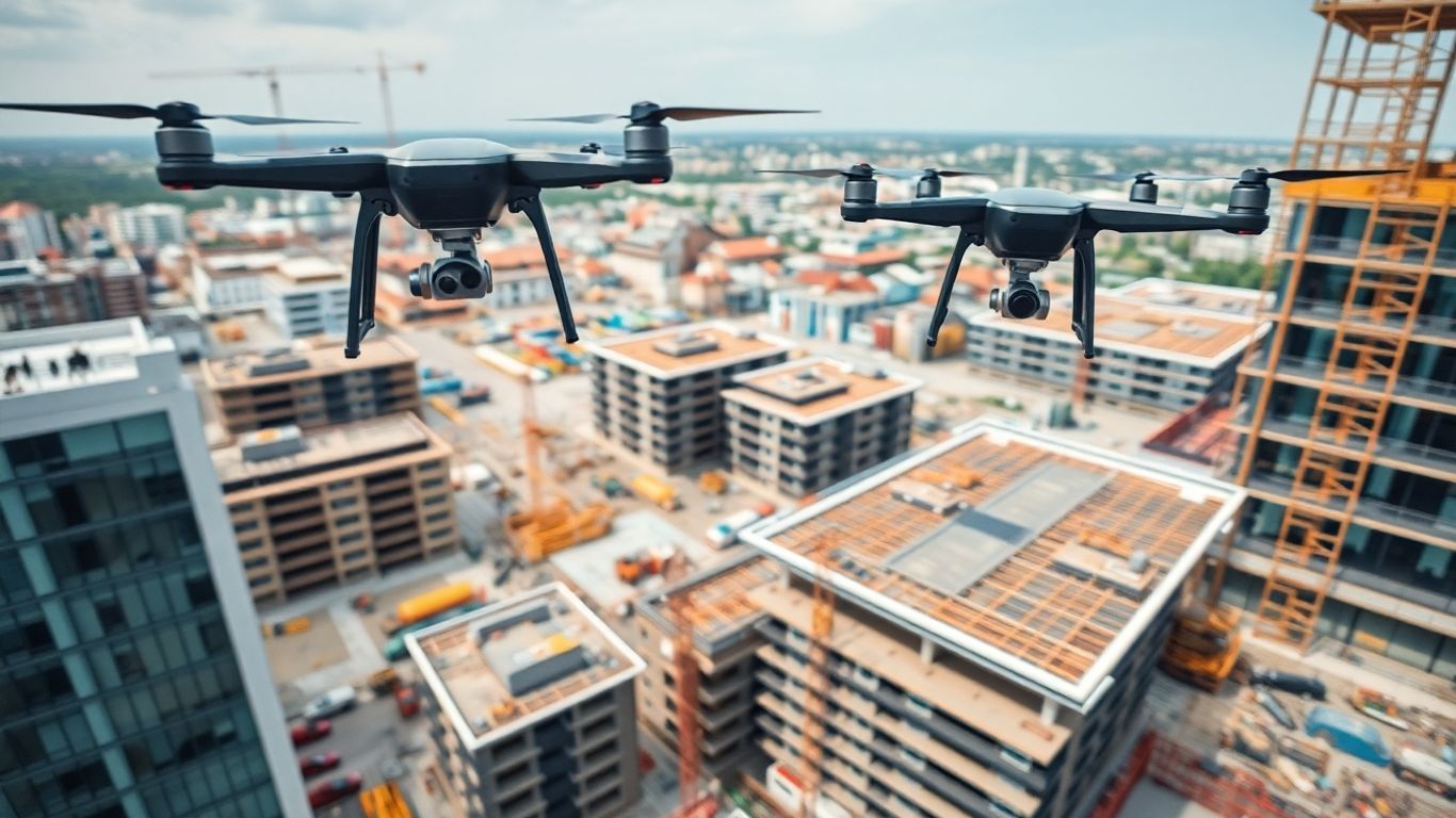Drones inspecting a busy construction site from above.