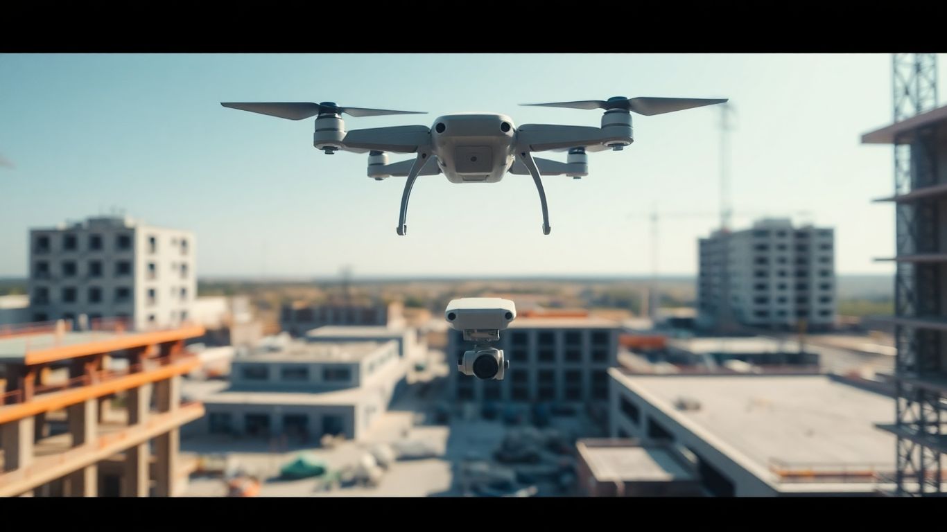 Drone surveying a construction site from above.