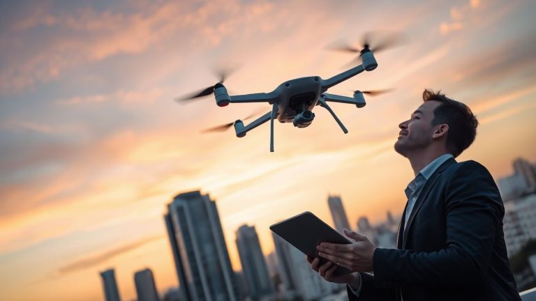 Drone hovering over city with business person