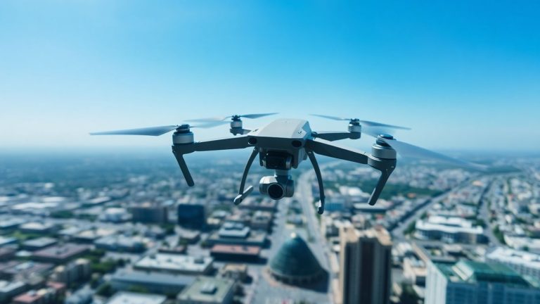 Drone flying over a city