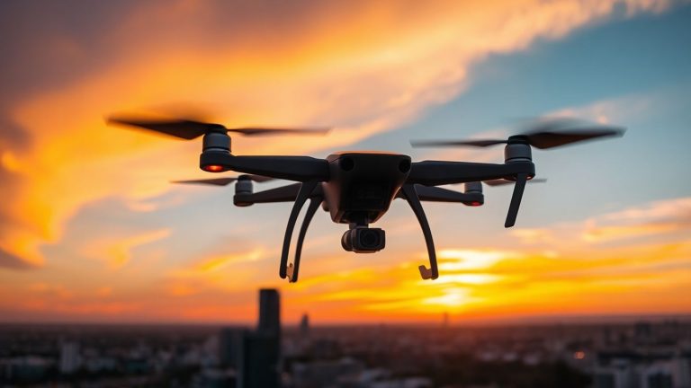 Drone flying over city at sunset