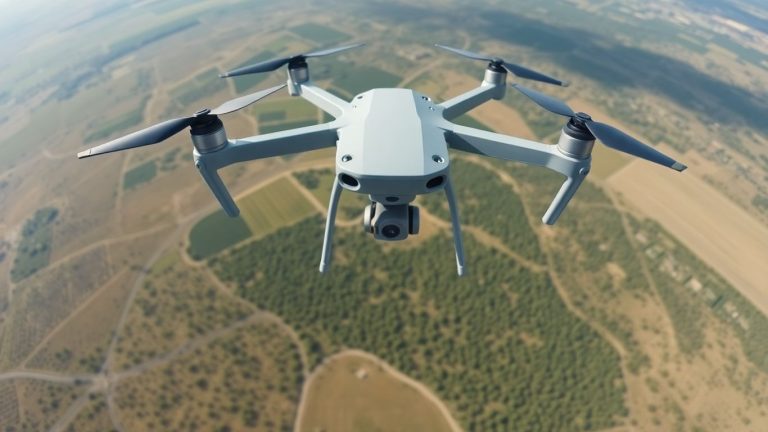 Drone surveying a detailed landscape from above.