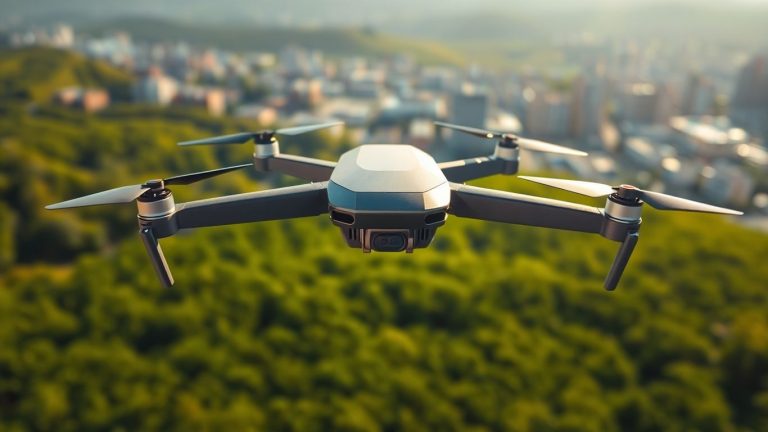 Drone flying over a green landscape with cityscape.