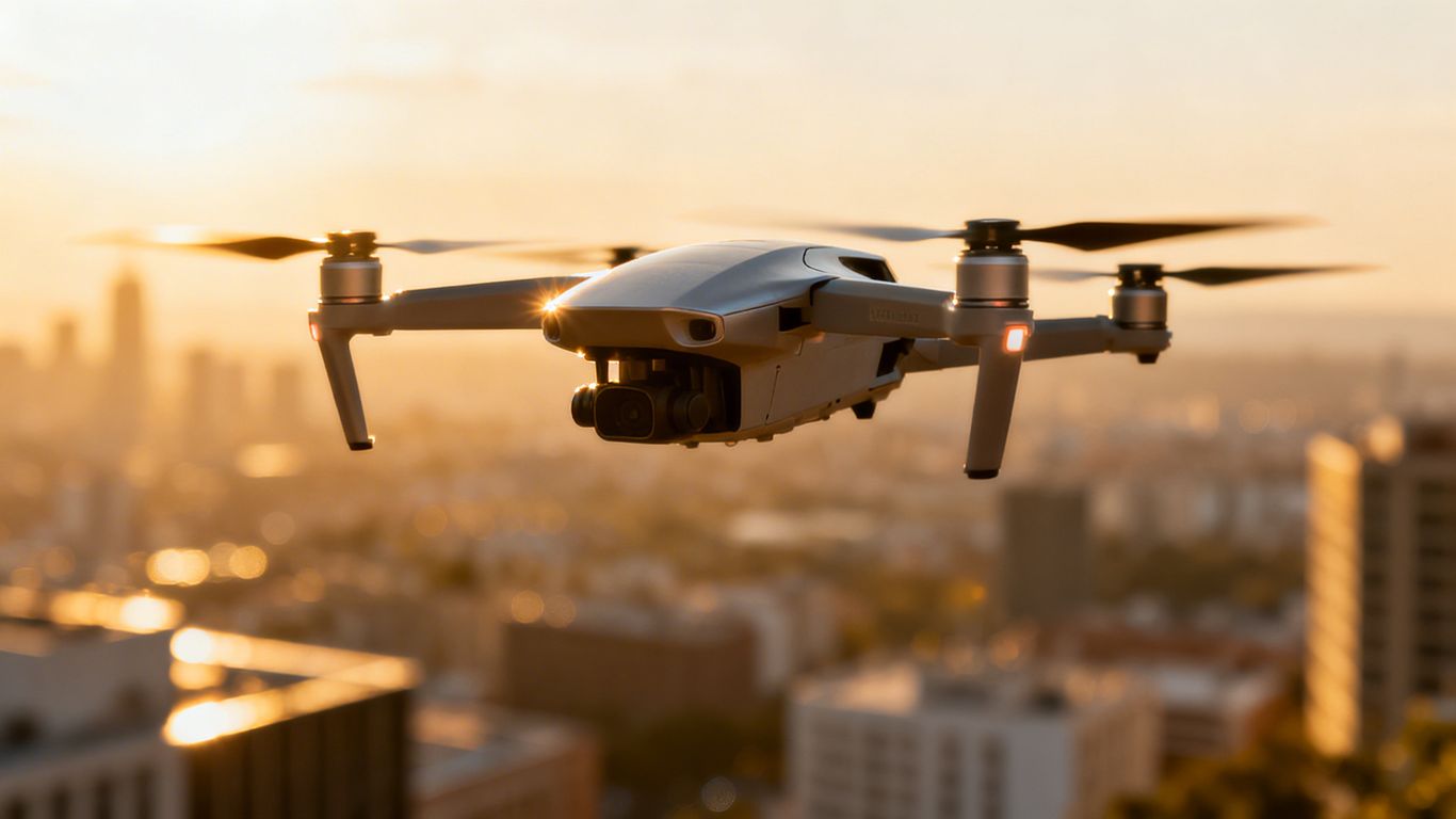 Drone flying over city, local SEO concept.