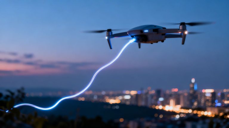 Drone with fiber optic cable connecting to city.