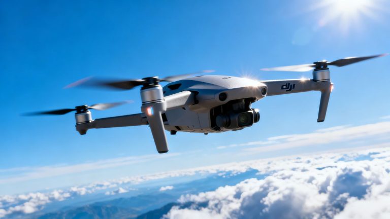 DJI drone flying in a clear blue sky.