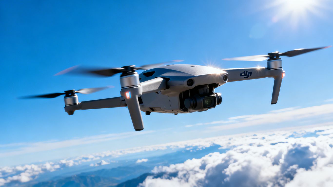 DJI drone flying in a clear blue sky.