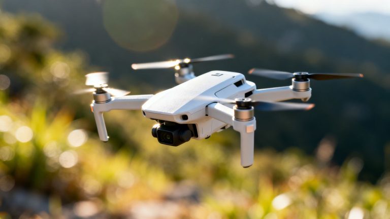 DJI Mavic Mini 1 drone in flight over landscape.