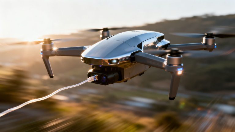 Drone with fiber optic cable flying in the sky.