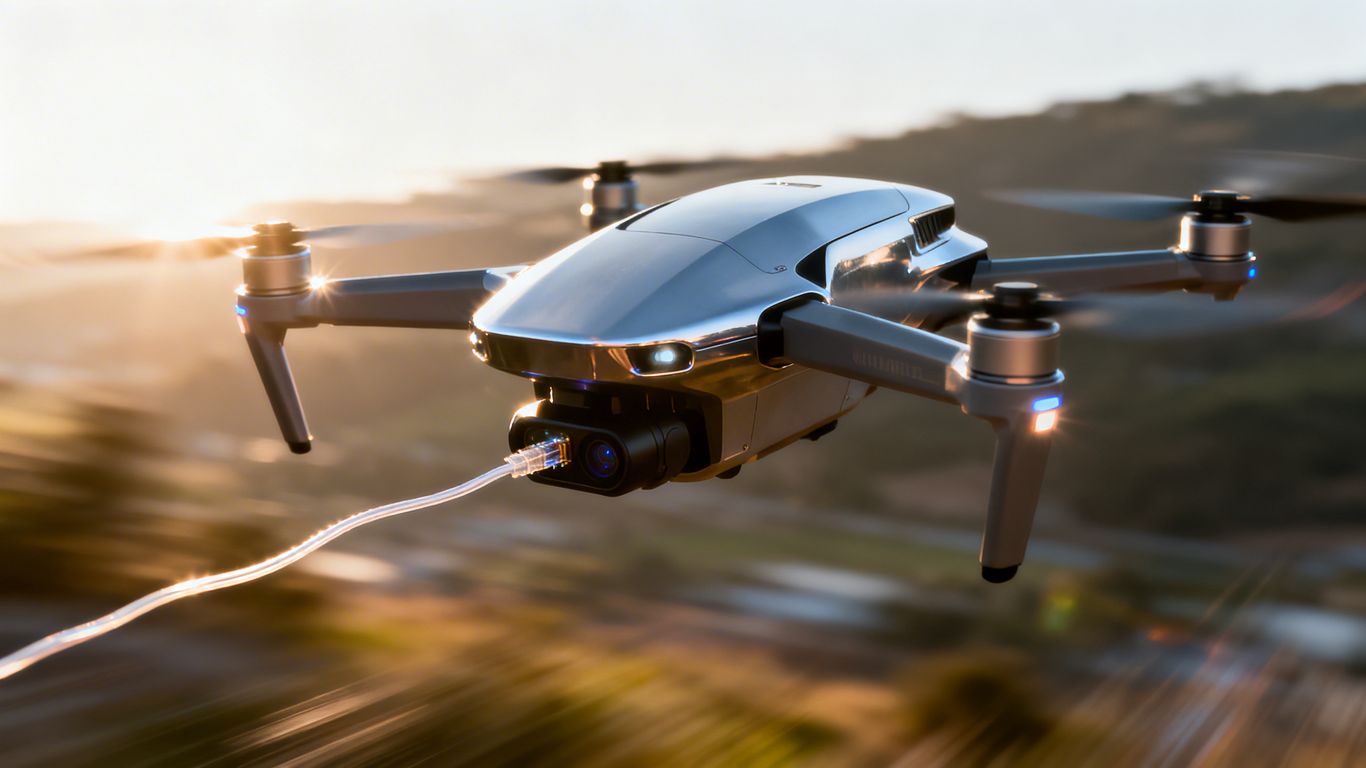 Drone with fiber optic cable flying in the sky.