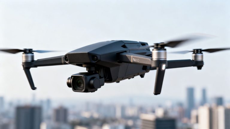 DJI Neo 2 drone hovering in the air.