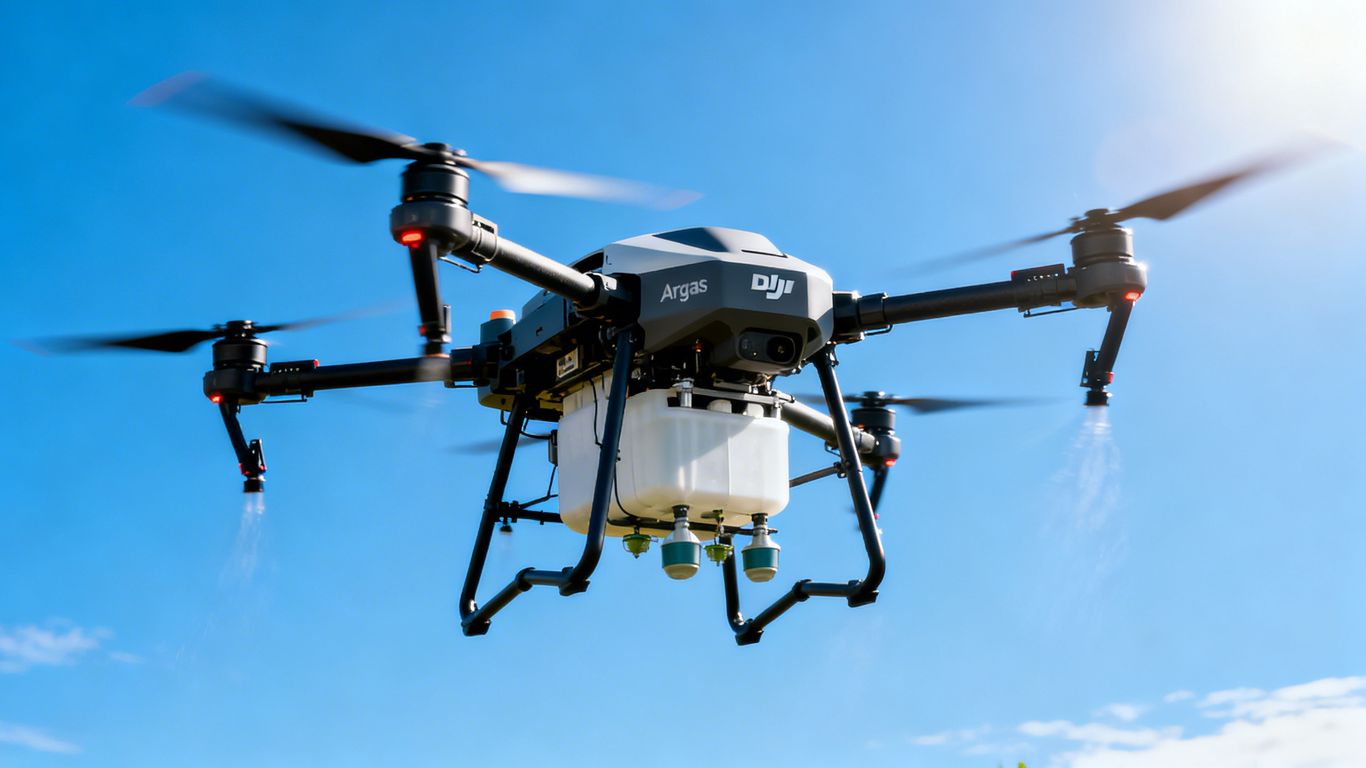 DJI Agras T40 agricultural drone in flight.