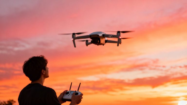 DJI Neo drone flying at sunset with controller