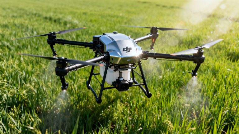 DJI Agras T40 drone spraying a field.