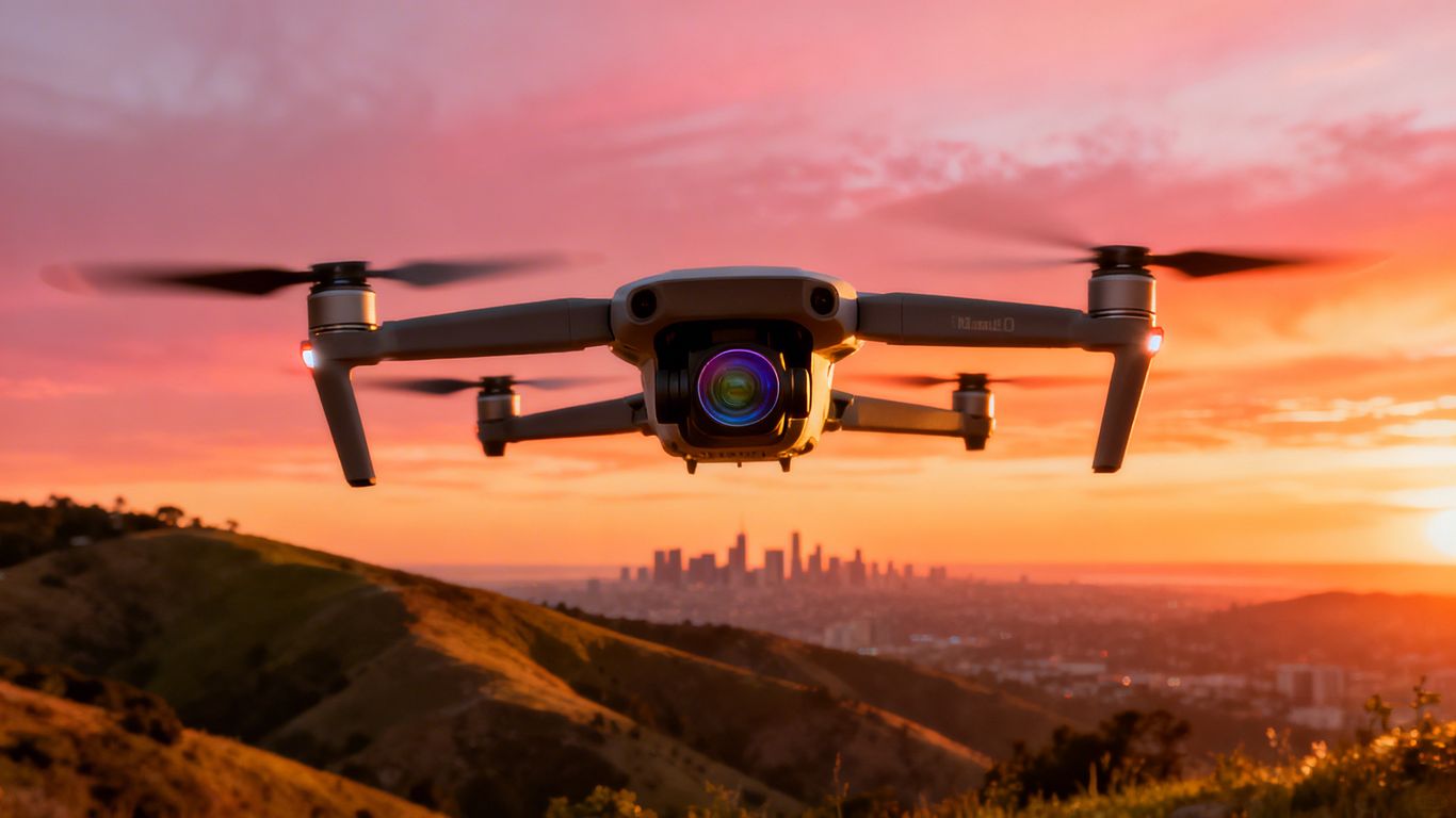 Drone capturing a landscape at sunset.